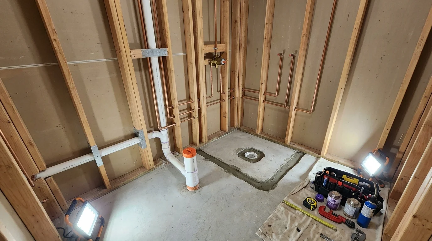 Bathroom rough-in plumbing during remodel by Johns Plumbing LLC in North Augusta